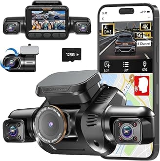 AI Dash Cam with DMS 360° 4 Channel Car Camera Front and Rear Inside with 128GB SD Card, 24/7 Parking Mode, V8Pro-4CH