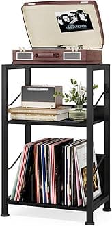 Hosfais 3 Tier Record Player Stand, Retro Vinyl Record Storage End Table Records for Living Room Bedroom (Black)