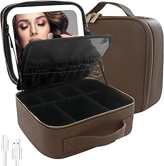 MOMIRATravel Makeup Bag Cosmetic Bag Makeup Organizer Bag with Lighted Mirror, Adjustable Brightness in 3 Color Scenarios, Waterproof Makeup Train Case, Gift for Women - Brown