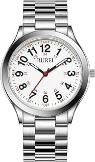 Men's Wrist Watch Military Time Easy Read Dial, 24 Hour with Second Hand, Stainless Steel Band.