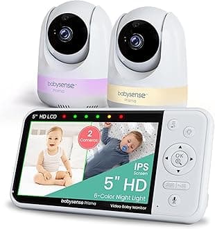 Babysense Prisma Baby Monitor with Camera and Audio, 5” HD Video Baby Monitor with 2 Cameras, 6-Color Night Light, Split Screen, Sound Machine with White Noise & Lullabies, Secure No WiFi