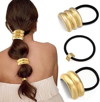 3PCS Gold Hair Ties, Metal Hair Ties for Thick Hair, Elegant Durable Geometric Design, Gold Hair Accessories Stretchy and Non-Damage Ponytail Holders