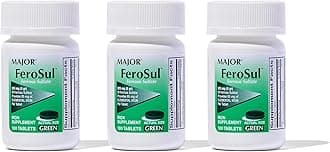 Major Ferosul - Ferrous Sulfate 325mg Tablets with 65mg of Elemental Iron - Iron Supplement for Women, Men - Green - 100 Count (3 Pack)