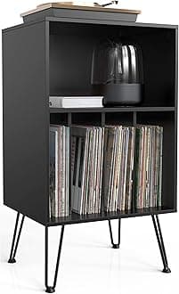 Iyrany Record Player Stand with Storage, Turntable Cabinet with Metal Legs, Holds Up to 150 Albums for Living Room, Bedroom, Office (Black)