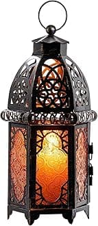 DECORKEY Vintage Large Size Decorative Ramadan Candle Lantern, 12.8’’ Metal Hanging&Tabletop Moroccan Lantern Candle Holder Decor, Halloween Christmas Decorations for Home Indoor Outdoor Patio (Amber)