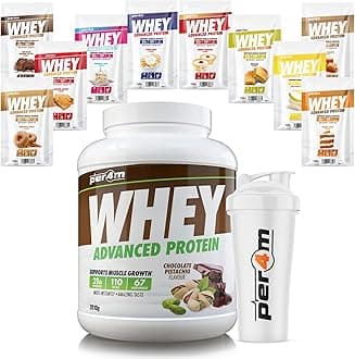 Per4m Advanced Whey Protein Powder | 67 Serving Low Sugar Protein Shake with Amino Acids | Perfect for Your Gym Bag and Travel | Shaker & 10 Mixed Selection Sachets (2010g, Chocolate Pistachio)