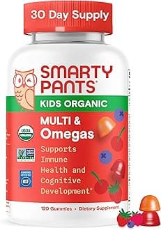SmartyPants Organic Kids Multivitamin Gummies: Omega 3 (ALA), Vitamin D3, C, Vitamin B12, B6, A, K & Zinc for Immune Support, Biotin, Vegetarian, Three Fruit Flavors, 120 Count (30 Day Supply)
