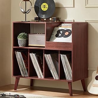 Large record stand with storage, record player stand with shelf, vinyl record holder with presentation surface, record stand for up to 300 albums, record shelf for music room and living room