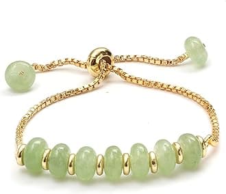 Gempires Prehnite Shade Bolo Bracelet, Round Beads Bracelet, Bridesmaid Gift, 14k Yellow Gold Plated Slider Chain, 6 to 8-inch Adjustable Bracelet