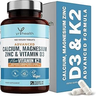 Calcium, Magnesium, Zinc and Vitamin D Plus Vitamin K2 MK-7 Tablets - Osteo Supplement - 180 Vegan Tablets not Capsules - Made in the UK by YrHealth