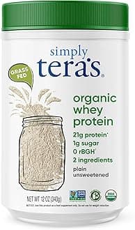 Simply Tera's Organic Whey Protein Powder - Grass Fed Whey Protein Powder Without Artificial Sweeteners, Unflavored Protein Powder, Non-GMO, Kosher, Gluten-Free - Plain Unsweetened 12 Oz