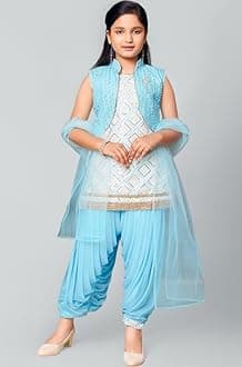 Aarika Girl's Silk Ethnic Wear Sequin Embroidery Lace Work Kurti Patiala Suit Set With Jacket