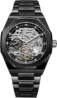 Automatic Watch in full Trendy Black Color, Newest Model in Skeleton Style, Waterproof and Stainless Steel Machenical Watch