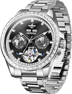 OUPINKE Watch for Men Automatic Wristwatch Diamond Sapphire Crystal Skeleton Luminous 3D Dial with 5ATM Waterproof Luxury Stainless Steel Strap