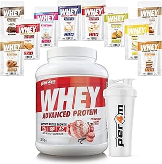 Per4m Whey Protein Shake Powder, Shaker and Sachets | Low Sugar Gluten Free | with 10 Mixed Flavour Sachets & Shaker (2010g, Strawberry Creme)