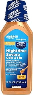 Amazon Basic Care Maximum Strength Nighttime Severe Cold and Flu Relief, Honey Flavor, Multi-Symptom Relief for Cough, Sore Throat, Congestion, 12 fl oz (1-Pack)