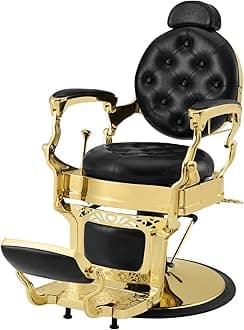 - Retro Barber Chair Heavy Duty Barber Chairs Vintage Salon Chair Hydraulic Recline Beauty Spa Styling Equipment Rounded Cushioning with Puckered Button (Gold)