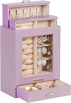 Homde Jewelry Organizer Girls Women Jewelry Box for Necklaces Rings Earrings Gift Bracelets Storage Case (Grey Purple + Gold)