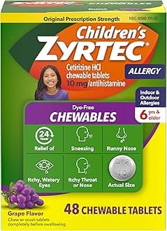 Children's Dye-Free Chewables for 24 Hour Allergy Relief, 10 mg Cetirizine Hydrochloride Antihistamine Tablets, Kids Allergy Medicine Relieves Sneezing & Itchy Throat, Grape, 48 ct