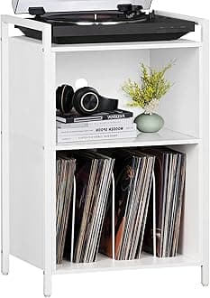 YAHARBO Turntable Stand, 3-Shelf White Vinyl Record Holder with Storage, Holds Up to 180 Albums, for Living Room, Bedroom