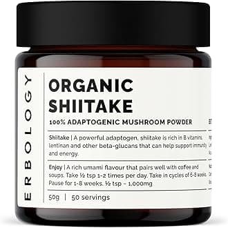 Erbology Organic Shiitake Mushroom Powder 50 Servings - 11% Beta-glucans - Immunity and Energy - Lentinula edodes - Small Batch - Sustainably Grown in Europe - Vegan - Non-GMO - No Added Fillers