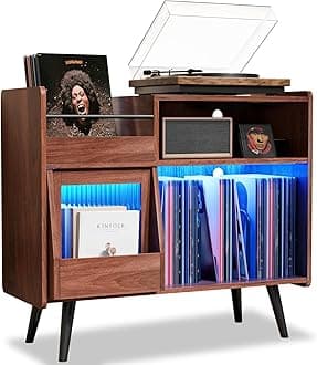 MULEJYBO Large Record Player Stand with Sliding Door,350 Vinyl Record Storage Cabinet, Record Player Table with Power Outlet and LED Light,Turntable Stand with Wood Legs for Living Room,Office