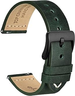 WOCCI 24mm Old-fashioned Watch Band for Men, Top Grain Leather, Black Matte Buckle (Army Green)