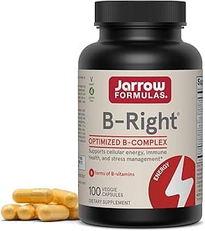 Jarrow Formulas B Right 100 Veggie Caps Low Odor Vitamin B Complex Formula Energy & Metabolism Support Promotes Brain, Heart & Cardiovascular Health 100 Servings, White, 100 Count (Pack of 1)
