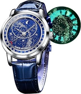 OLEVSAutomatic Watch Men's Mechanical Watch Starry Sky Dial Skeleton Leather Strap Gentleman Waterproof Watch for men bule, blue & silver, Classic