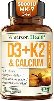 Vitamin D3, K2 Calcium Supplement with BioPerine for Immune & Bone Health - Vitamin D 5000 IU + Vitamin K2 as MK7 + Calcium. 4 in 1 Support: Strong Bones & Teeth Plus Joint & Heart Health. 60 Capsules