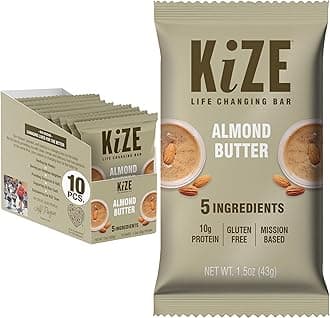 KiZE Energy Bars - Almond Butter - Almond-Butter-Based, Gluten Free, Non-GMO, and High Protein Meal Replacement Energy Bars, Clean and Simple Food Ingredients - 10g High Protein Snacks, (10 Count)