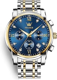 Men's Chronograph Watch, Gold Silver Tone Stainless Steel Analog Quartz Watch, Multi-Function Waterproof Date Diamond Roman Numerals Dial Dress Watch for Men