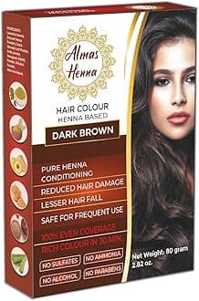 Almas Henna 80 GRAM Hair Color 100% Organic Henna Powder Infused with Goodness of Herbs, Natural Henna Hair Color For Soft Shiny Hair, henna hair dye (2.82 OUNCE,DARK BROWN)