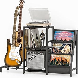 Bikoney Mid Century Modern Record Player Stand, Guitar Stand for Acoustic, Electric Guitar, Bass with Amp Stand, 3-Tier Vinyl Record Storage, Vinyl Record Display Stand for Living Room