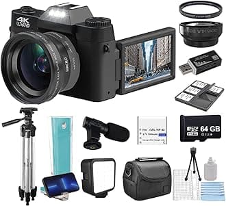 Acuvar 4K 56MP Digital Camera Kit for Photography, Vlogging Camera for YouTube with Flip Screen, WiFi, Wide Angle & Macro Lens, 64GB Micro SD Card, 50" Tripod, Case, Card Reader, Microphone, LED