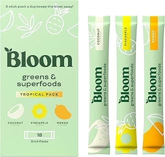Bloom Nutrition Superfood Greens Powder Stick Packs, Digestive Enzymes with Probiotics and Prebiotics, Gut Health, Bloating Relief for Women, Chlorella, Green Juice Mix, 18 SVG, Tropical Variety