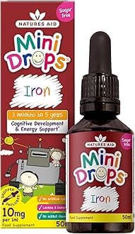 Natures Aid Mini Drops Iron for Kids 50ml – Supports Cognitive Development & Energy – Gluten & Sugar Free Vegan Non-GMO – Natural Supplement for Babies & Children Age 0-5 Years Old - Dropper Included