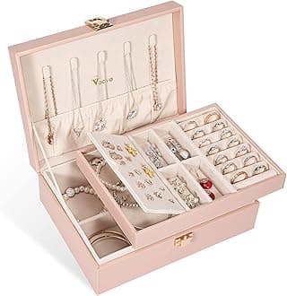 Voova Jewelry Box Organizer for Women Girls, 2 Layer Large Men Jewelry Storage Case, PU Leather Display Jewellery Holder with Removable Tray for Necklace Earrings Rings Bracelets, Vintage Gift, Pink