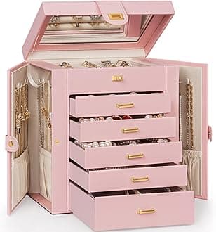 AKOZLIN 6-Tier Jewelry Box Organizer Functional 5 Drawers Leather Jewelry Storage Case for Women Girls Ring Necklace Earring Bracelet Holder Organizer with Mirror Pink