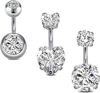 QWALIT Belly Rings - Short Bar Belly Button Rings in Surgical Steel with Opal Stones - 6mm & 10mm