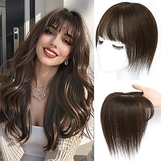 Hair Toppers for Women Real Human Hair， 360°3D Cover Toppers Hairpieces for Women with Thinning Crown Wispy Clip in Bangs Realistic Scalp Hairline (Medium Brown, Wispy Bangs)