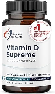 Designs for Health Vitamin D Supreme - 5000 IU with 2000mcg Vitamin K as MK4 for Bone Health, Heart Health & Immune Support - Enhanced with GG Supplement supports Healthy Aging (60 Capsules)