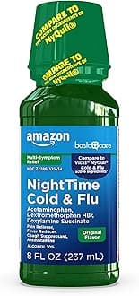 Nighttime Cold & Flu Relief, Maximum Strength Multi-Symptom, Sore Throat, Cough, Fever Reducer, Pain Reliever & Antihistamine Liquid, Original Flavor, 8 fl oz (1-Pack)