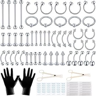 LOYAL BOOK 104pcs Piercing Kit 14G16G Kit Piercing Kits for all piercings (Stainless steel color)