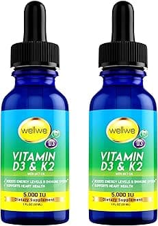 2 Bottles Liquid Vitamin D3 K2 Drops 5000 IU with MCT Oil - Liquid Vitamin D Supplement to Boost Energy Levels, Mood and Immune System, Unflavored, No Odor, Gluten-Free, Non-GMO, 2 Fl Oz