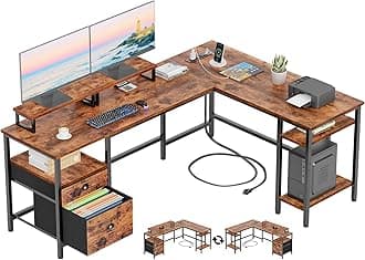 Furologee 66” L Shaped Desk with Power Outlet, Reversible Home Office Desk with File Drawer, 2 Monitor Stands, Storage Shelves, Corner Computer Table for Gaming, Writing, Rustic Brown