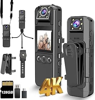 Body Camera with Audio and Video Recording, Unltra 4K Body Cam with 180° Rotating Lens, 6HR Battery, IR Cut Auto Night Vision, 128GB Body Worn Camcorder Personal Civilians Police Law Enforcement