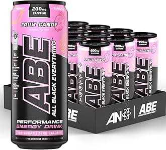 Fruit Candy Aplied Nutritioon ABE Pre Workout Cans - All Black Everything Energy + Performance Drink, ABE Carbonated Beverage Sugar Free with Caffeine (Pack of 12 Cans x 330ml) | NAEM