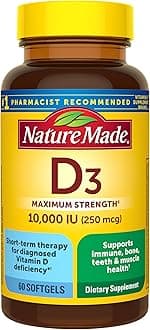 Nature Made Vitamin D3 10000 IU (250 mcg) Maximum Strength, Vitamin D Supplement for Bone and Immune Health Support, 60 Softgels, 60 Day Supply