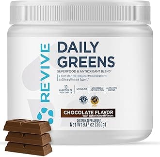Revive MD Daily Greens Powder, Chocolate – Superfood & Antioxidant Blend for Energy, Gut Health & Immunity – Greens Supplement with Vitamins, Minerals, Digestive Enzymes & Probiotics (20 Servings)